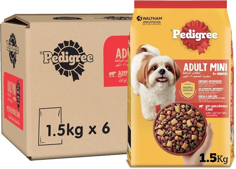 Pedigree Balanced universal design Dog Food, Adult Mini, Beef, Lamb & Vegetables Flavour Dog Food Dry, 1.5Kg (Pack of 6), Complete & Balanced Dog Dry Food For Mini Adult Dogs 9 Months and Up Odor free color - Image 1