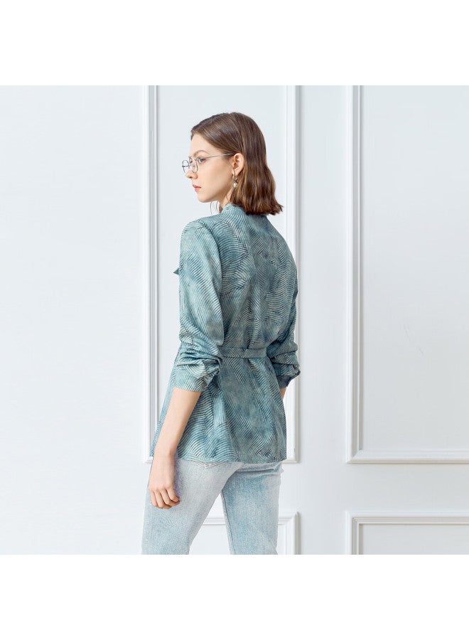 Yanyee Floral Print Round Neck Blouse For Women, Spring Simple Versatile Commuter Shirt Long Sleeve Top, Blue Floral Pattern, Size L - Image 2