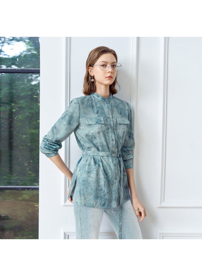 Yanyee Floral Print Round Neck Blouse For Women, Spring Simple Versatile Commuter Shirt Long Sleeve Top, Blue Floral Pattern, Size L - Image 1