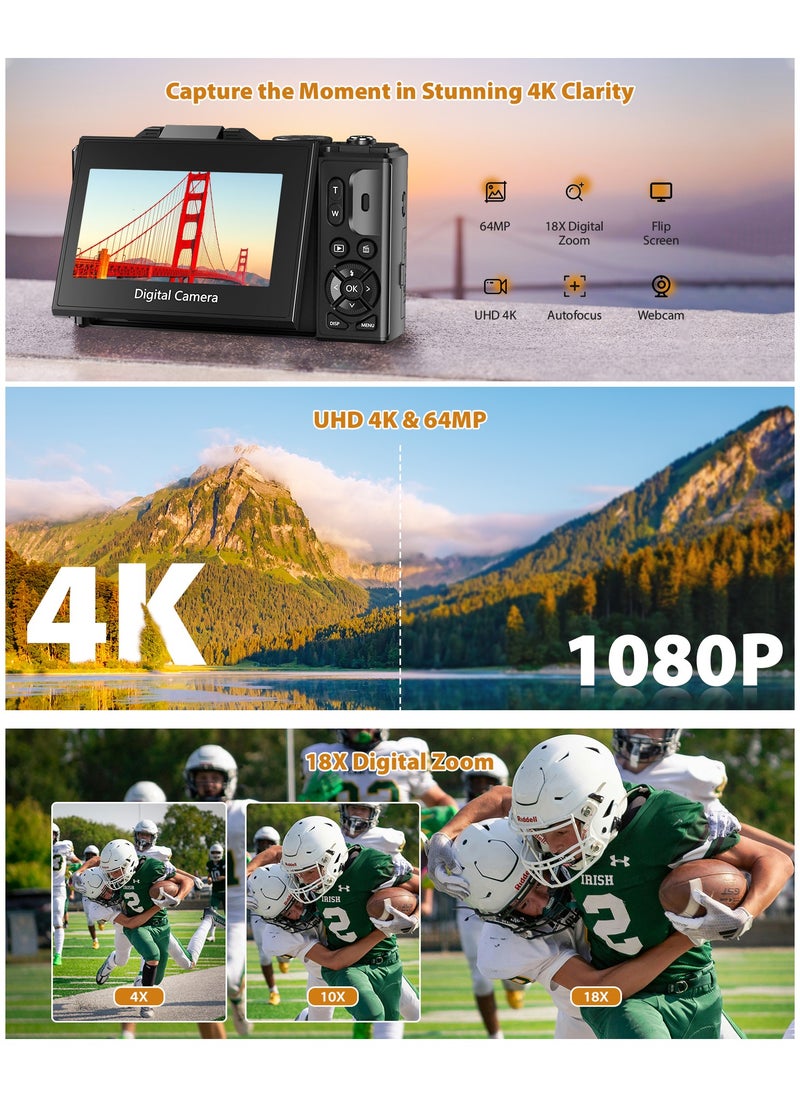 KADIP - 4K Digital Camera for Photography, WiFi 64MP Autofocus Vlogging Camera for YouTube with 3" 180°Flip Screen, 18X Digital Zoom Compact Vlog Travel Camera with 2 Batteries, 64G SD Card, Black - Image 1