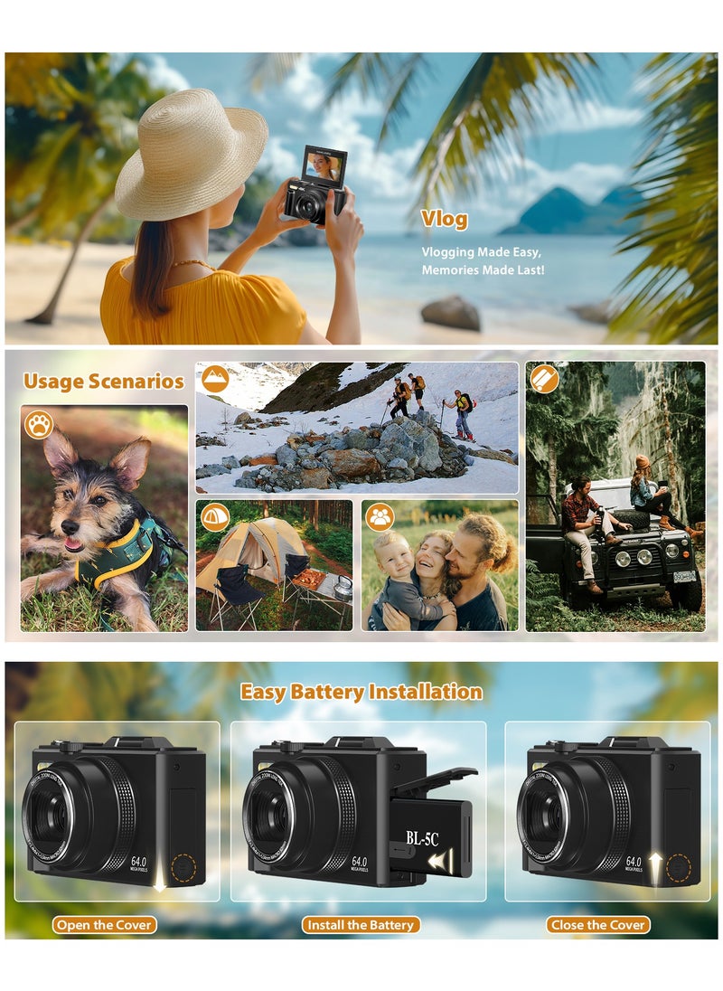 KADIP - 4K Digital Camera for Photography, WiFi 64MP Autofocus Vlogging Camera for YouTube with 3" 180°Flip Screen, 18X Digital Zoom Compact Vlog Travel Camera with 2 Batteries, 64G SD Card, Black - Image 1