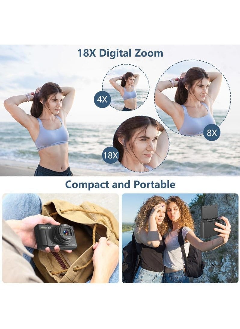KADIP - 4K Digital Camera for Photography, WiFi 64MP Autofocus Vlogging Camera for YouTube with 3" 180°Flip Screen, 18X Digital Zoom Compact Vlog Travel Camera with 2 Batteries, 64G SD Card, Black - Image 1