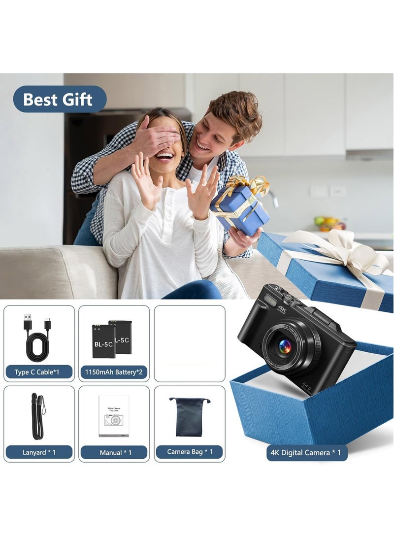KADIP - 4K Digital Camera for Photography, WiFi 64MP Autofocus Vlogging Camera for YouTube with 3" 180°Flip Screen, 18X Digital Zoom Compact Vlog Travel Camera with 2 Batteries, 64G SD Card, Black - Image 1