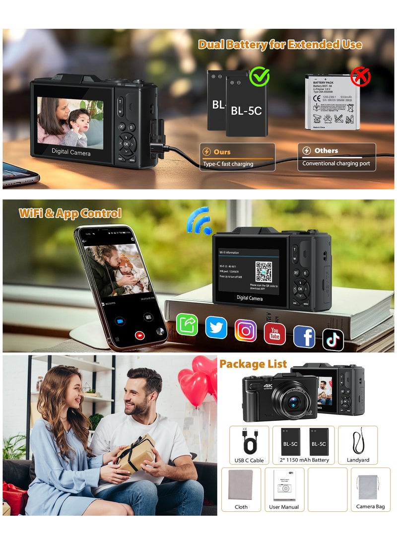 KADIP - 4K Digital Camera for Photography, WiFi 64MP Autofocus Vlogging Camera for YouTube with 3" 180°Flip Screen, 18X Digital Zoom Compact Vlog Travel Camera with 2 Batteries, 64G SD Card, Black - Image 1
