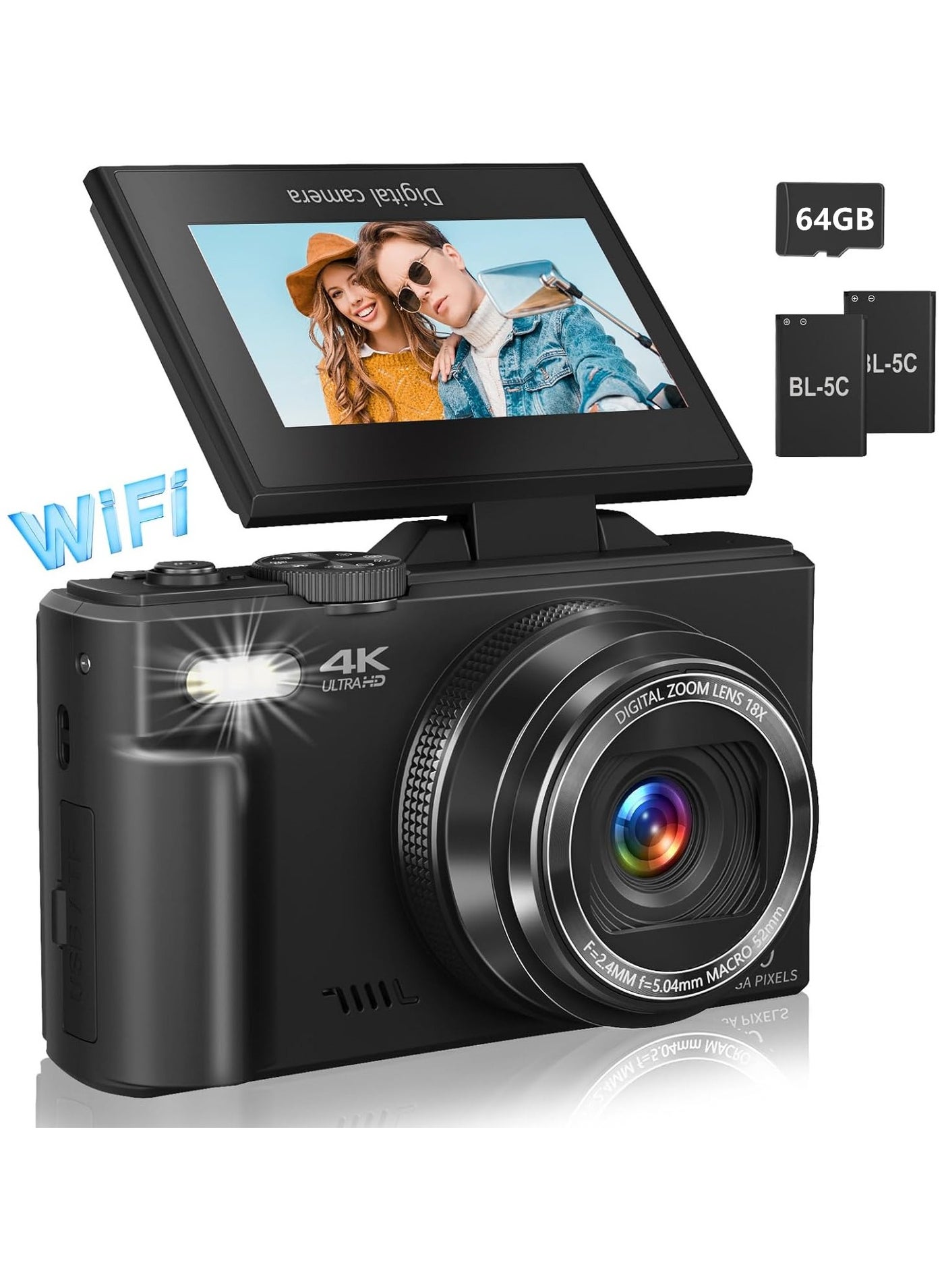4K Digital Camera for Photography, WiFi 64MP Autofocus Vlogging Camera for YouTube with 3" 180°Flip Screen, 18X Digital Zoom Compact Vlog Travel Camera with 2 Batteries, 64G SD Card, Black