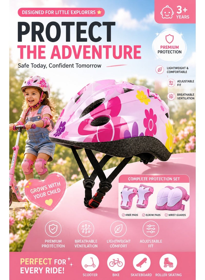 Saudi Select Kids Adjustable Helmet Set with Knee & Elbow Pads, Full Protective Gear for Boys & Girls Ages 3–7, Safe Cycling Helmet for Bike, Scooter & Skating (Pink) - Image 1