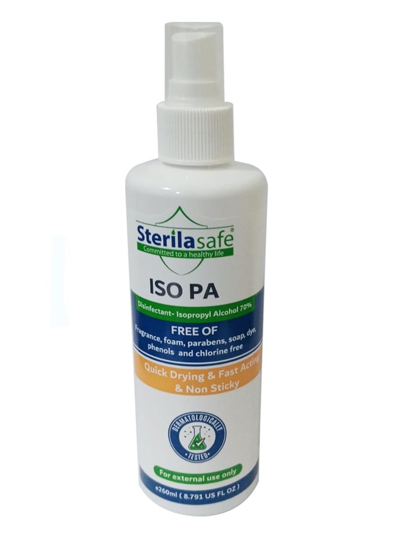 Sterilasafe Sterilasafe Iso PA, Multipurpose Antibacterial, First aid, Antiseptic/Disinfectant, Sanitizing Spray with 70% Isopropyl Alcohol(IPA) for Treatment of Minor Cuts and Scrapes, Unscented, 260 ML  - Image 1