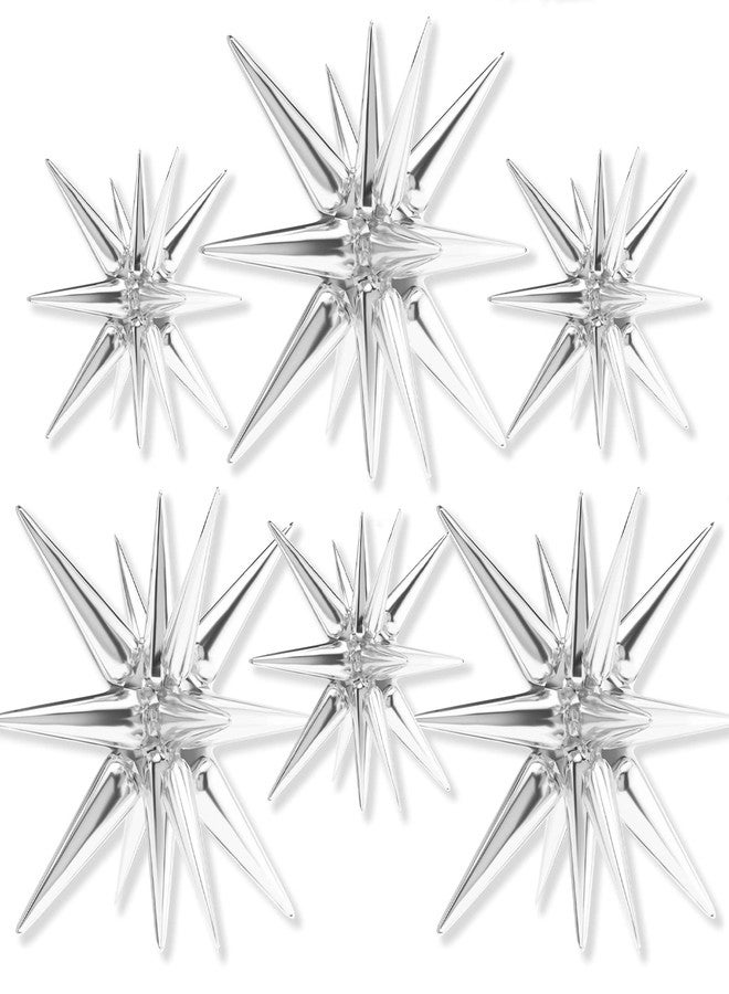 PartyWoo Metallic Silver Star Foil Balloons 6pcs Different Sizes Pack of 27 22 Inch Explosion Spike Mylar Balloons for Graduation Anniversary Bachelorette Engagement Birthday Party Decorations - Image 1