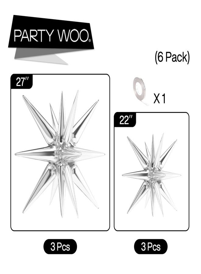 PartyWoo Metallic Silver Star Foil Balloons 6pcs Different Sizes Pack of 27 22 Inch Explosion Spike Mylar Balloons for Graduation Anniversary Bachelorette Engagement Birthday Party Decorations - Image 3