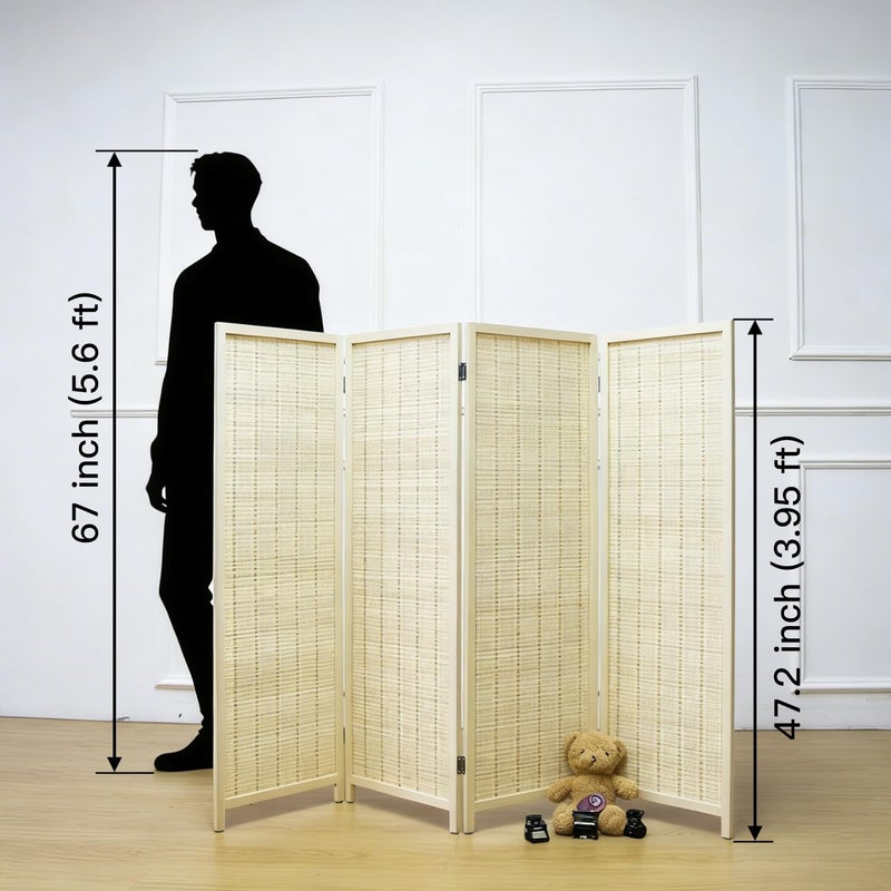 Furnnylane 4 Panel Short Room Divider Screen,Beige Freestanding Partition,Small Bamboo Panel Divider for Room Seperation,3.95 FT Tall - Image 2