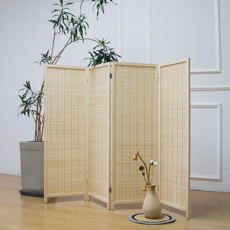 Furnnylane 4 Panel Short Room Divider Screen,Beige Freestanding Partition,Small Bamboo Panel Divider for Room Seperation,3.95 FT Tall - Image 1