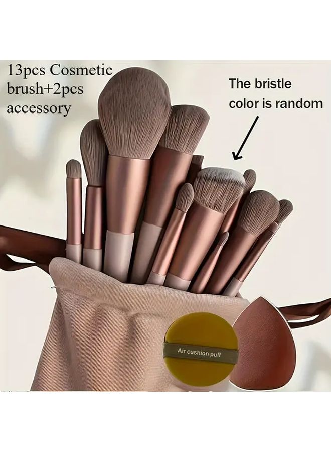 13Pcs Professional Makeup Brush Set With 2 Sponges Soft All In One Foundation Eyeshadow Brushes Brown - Image 2