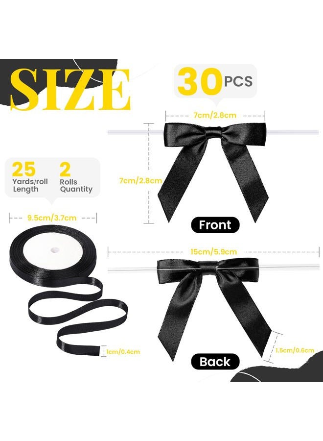 YGDZ Black Bows Set, 2.5" Premade 30 Counts Twist Tie Bow for Party Decorations, 2 Roll 3/8" 25 Yards Thin Satin Black Ribbon, Bow for Cake, Balloons, Gift Wrapping - Image 4
