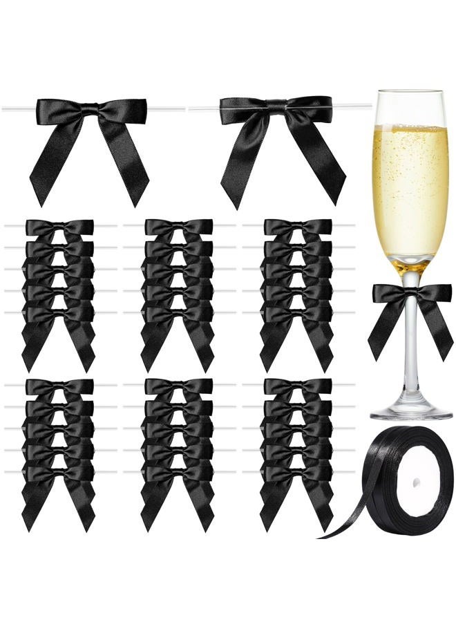 YGDZ Black Bows Set, 2.5" Premade 30 Counts Twist Tie Bow for Party Decorations, 2 Roll 3/8" 25 Yards Thin Satin Black Ribbon, Bow for Cake, Balloons, Gift Wrapping - Image 1