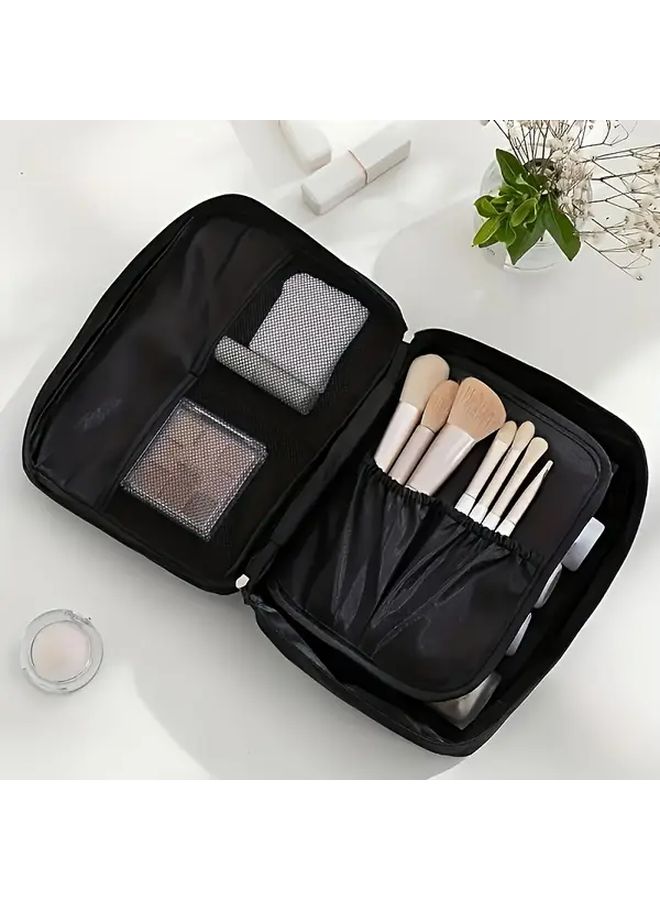 1pc Durable Nylon Travel Makeup Bag for Women Blue Multiple Compartments Cosmetic Organizer with Mirror Brush Holder and Mesh Pockets Portable Toiletry Bag for Business Travel Home Storage - Image 1