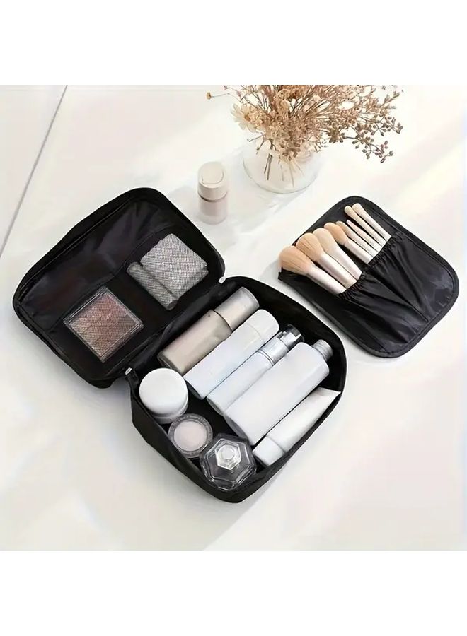 1pc Durable Nylon Travel Makeup Bag for Women Blue Multiple Compartments Cosmetic Organizer with Mirror Brush Holder and Mesh Pockets Portable Toiletry Bag for Business Travel Home Storage - Image 2