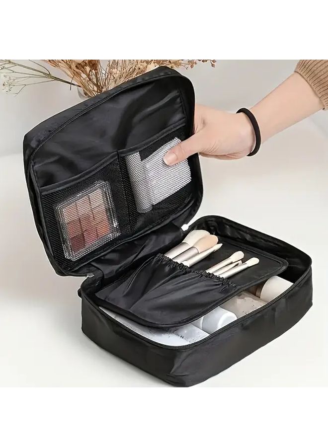 1pc Durable Nylon Travel Makeup Bag for Women Blue Multiple Compartments Cosmetic Organizer with Mirror Brush Holder and Mesh Pockets Portable Toiletry Bag for Business Travel Home Storage - Image 3