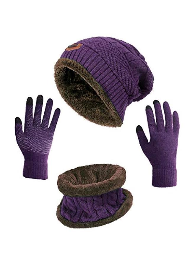 Winter Hat Scarf Gloves Slouchy Beanie Snow Knit Skull Cap Touch Screen Mittens Circle Scarves for Women Men - Image 1