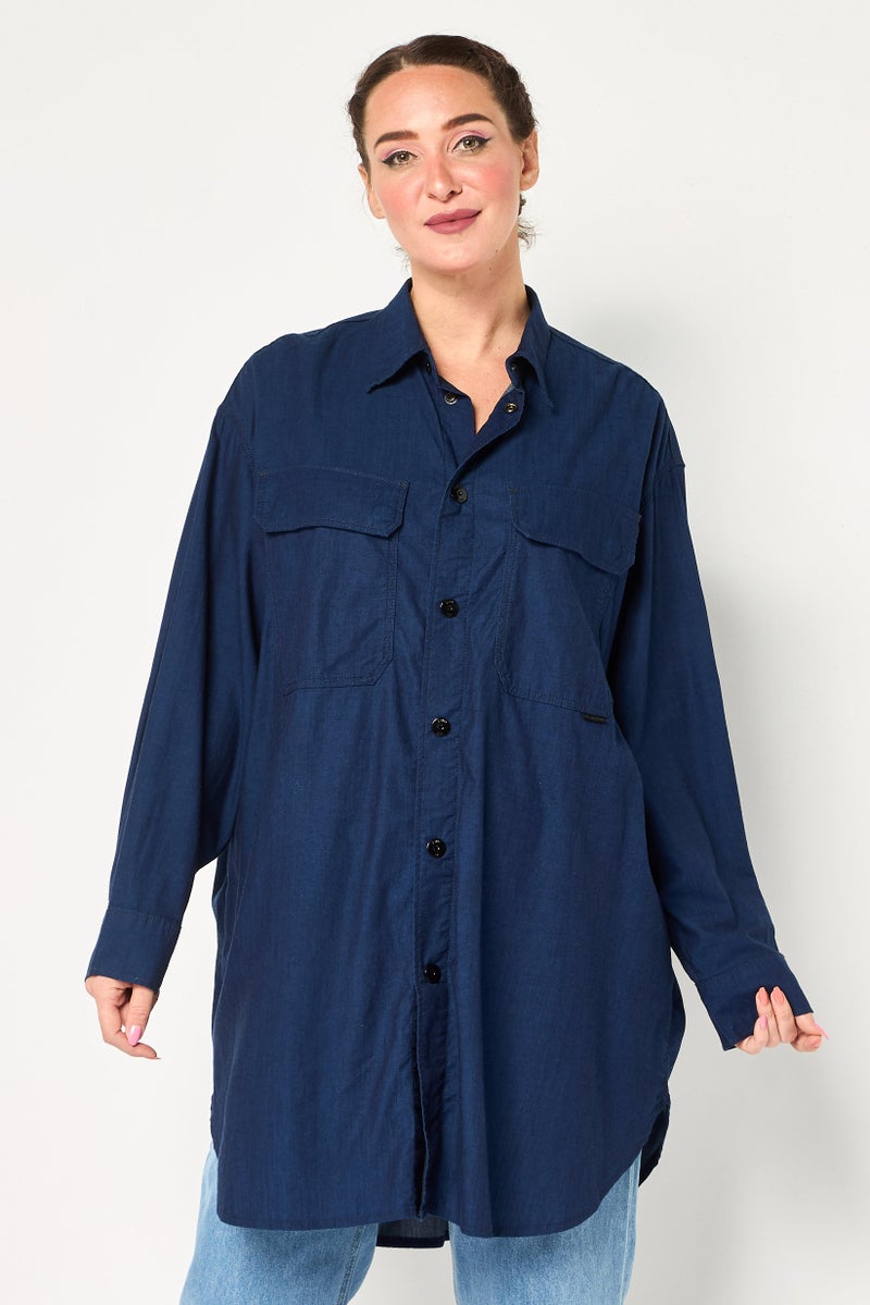 G-Star RAW قميص جينز نسائي فضفاض بأكمام طويلة، كحلي - Image 1