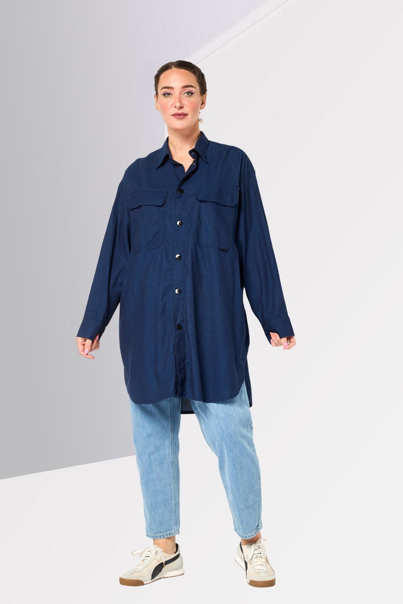 G-Star RAW قميص جينز نسائي فضفاض بأكمام طويلة، كحلي - Image 3