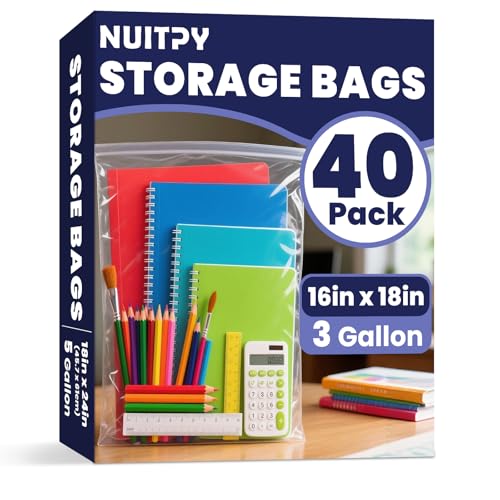 NUITPY 40 Pack Large 3 Gallon Storage Bags with Zipper Top, 16 x 18 inch Zipper Bags, Clear Plastic Bag for Storage, Reusable, Sealable Storage Bag for Clothes, Travel & Moving, Double-sided Thickness 4 Mil - Image 1