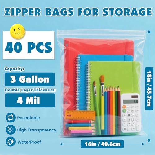 NUITPY 40 Pack Large 3 Gallon Storage Bags with Zipper Top, 16 x 18 inch Zipper Bags, Clear Plastic Bag for Storage, Reusable, Sealable Storage Bag for Clothes, Travel & Moving, Double-sided Thickness 4 Mil - Image 2