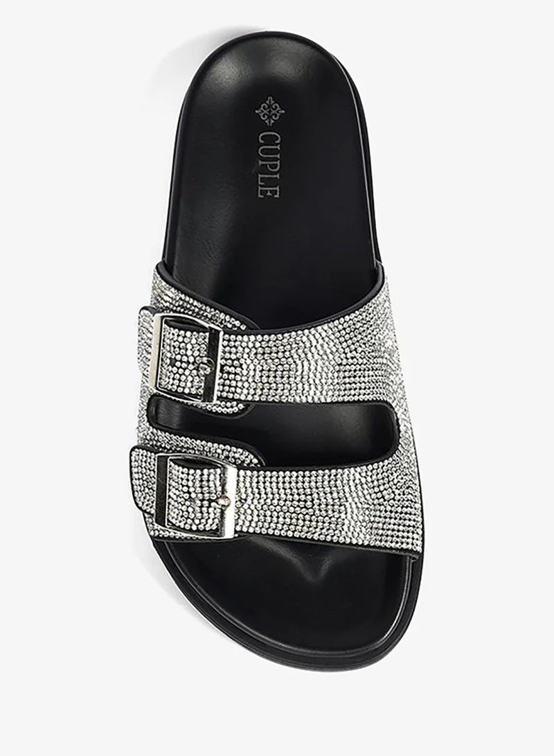 Cuple Silver Crystal Embellished Flat Flip Flop for Women | Best Price UAE