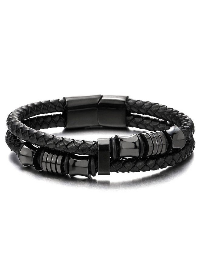 كول ستيل آند بيوند سوار معصم رجالي من COOLSTEELANDBEYOND مزدوج الصف من الجلد الأسود المضفر مع زخارف من الفولاذ المقاوم للصدأ باللون الأسود  - Image 5