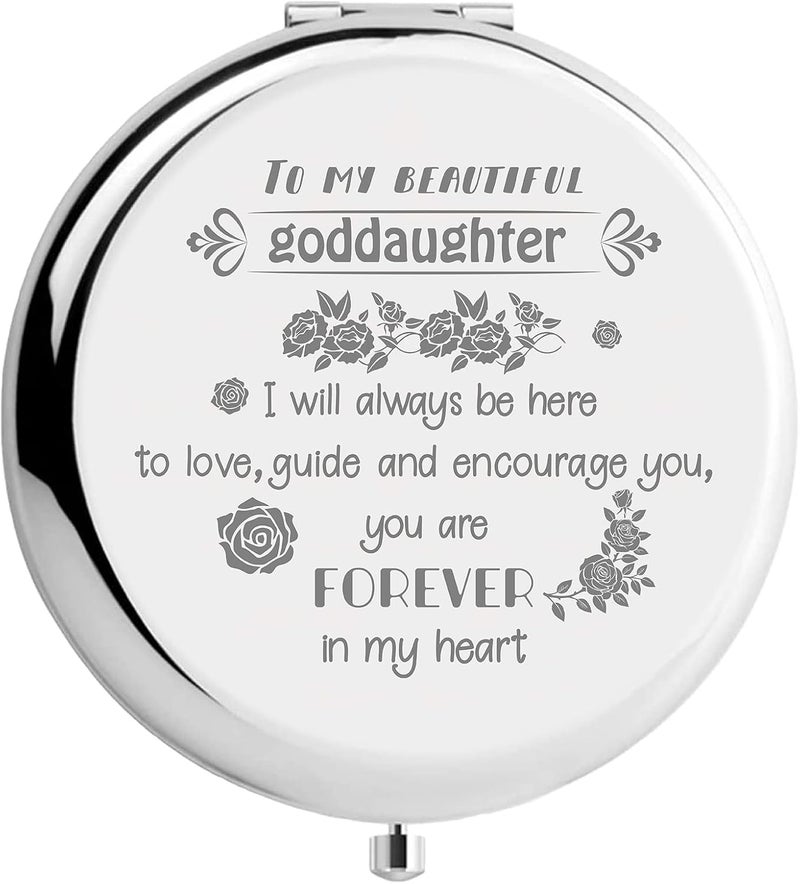 CREATCABIN Goddaughter Compact Mirror from Godmother Stainless Steel Love Encourage Personalized Mini Makeup Pocket Travel Engraved Mirrors Silver for Graduation Birthday Wedding New Year Gifts