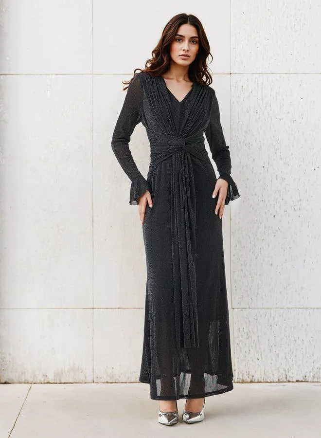 2Xtremz Lurex Accent 2Xtremz Maxi Nylon Blend Dress with Bell Sleeves