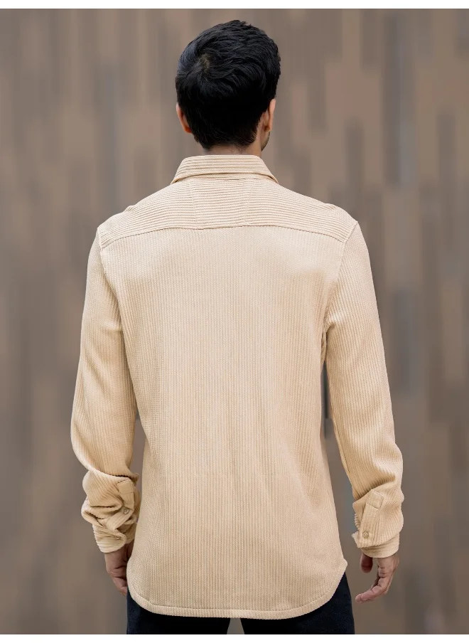 Maniac Mens Solid Vertical Stripe Textured Full Sleeve Beige PolyCotton Shirt