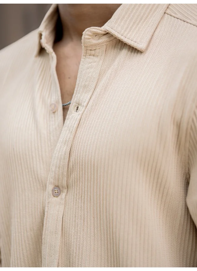 Maniac Mens Solid Vertical Stripe Textured Full Sleeve Beige PolyCotton Shirt