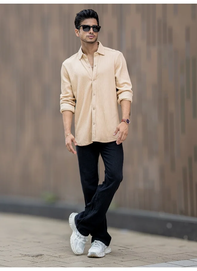 Maniac Mens Solid Vertical Stripe Textured Full Sleeve Beige PolyCotton Shirt