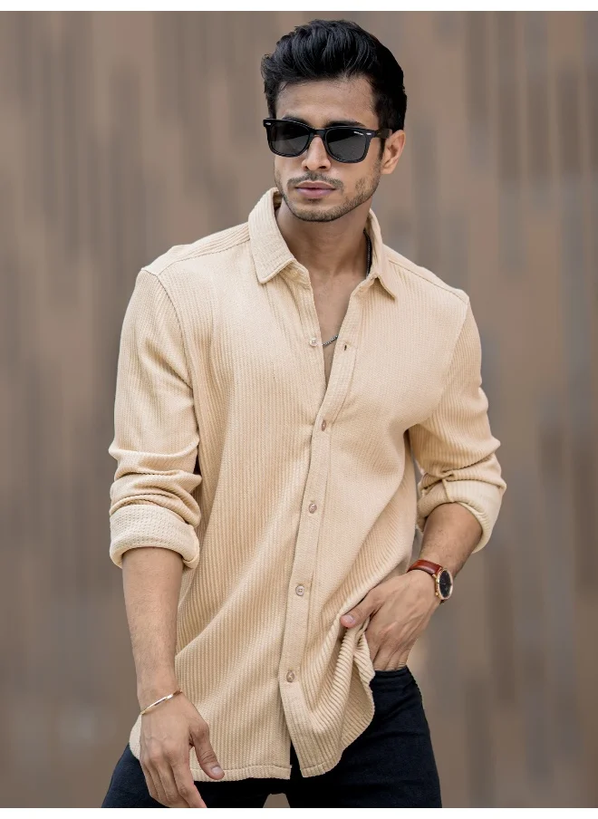 Maniac Mens Solid Vertical Stripe Textured Full Sleeve Beige PolyCotton Shirt
