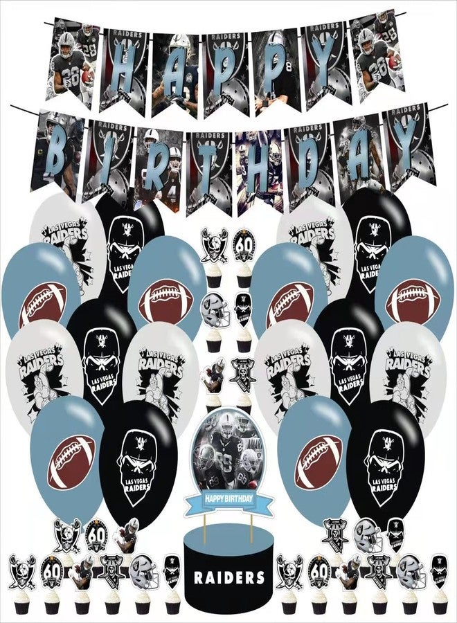 PINUO Las-Vegas Raiders Birthday Party Supplies - Banner, Cake Topper, 12 Cupcake Toppers, 18 Balloons - Black, Football Theme - Image 1