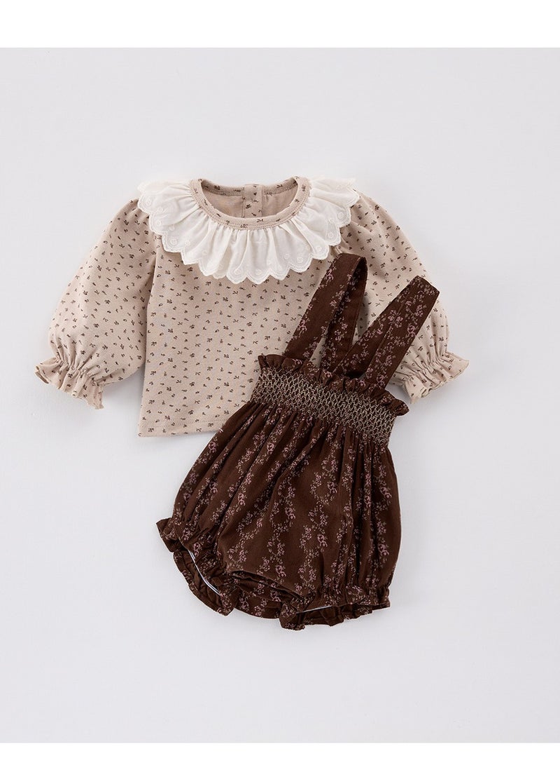 Baby Retro Floral Collar Base Shirt Top+Overalls Bag Fart Pants - Image 1