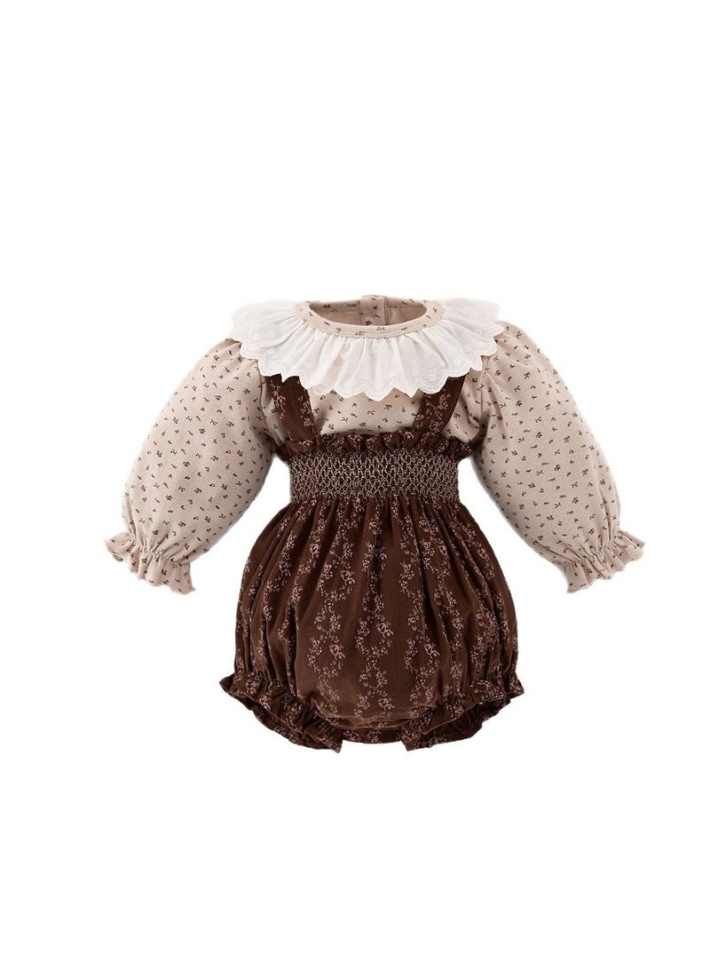 Baby Retro Floral Collar Base Shirt Top+Overalls Bag Fart Pants - Image 2