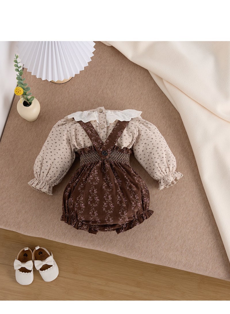 Baby Retro Floral Collar Base Shirt Top+Overalls Bag Fart Pants - Image 3