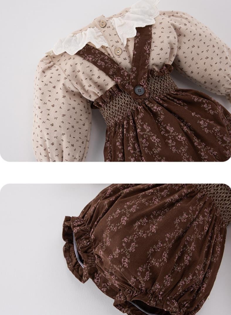 Baby Retro Floral Collar Base Shirt Top+Overalls Bag Fart Pants - Image 5