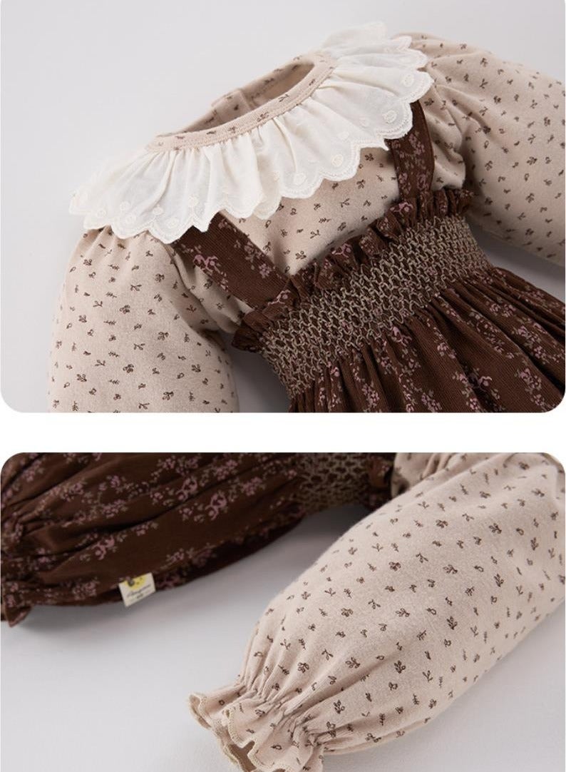 Baby Retro Floral Collar Base Shirt Top+Overalls Bag Fart Pants - Image 4
