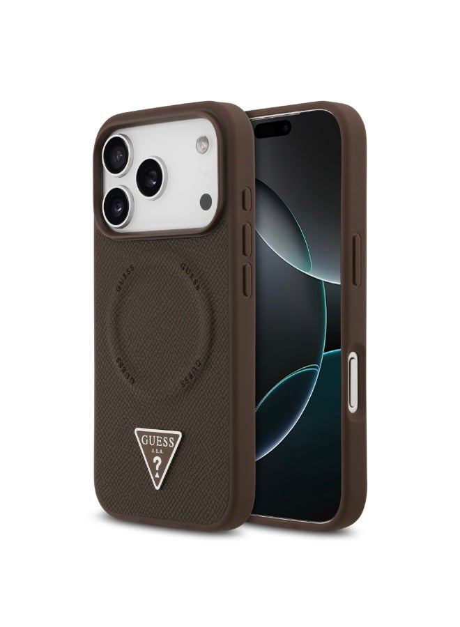 GUESS iPhone 17 Pro Max MagSafe PU Leather Case With Triangle Logo  / Magsafe Compatible / Ultra Slim / lightweight design / Easy Installation - Brown - Image 2