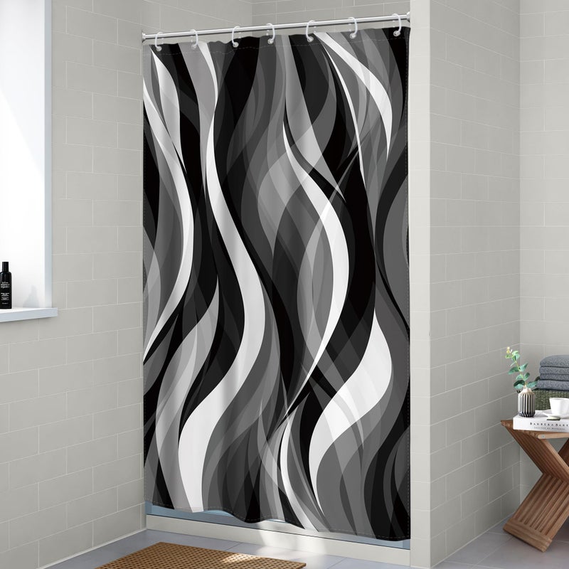 Riyidecor Stall Small RV Black White Grey Shower Curtain Half Size Narrow Abstract Striped Minimalist Geometric Modern 36Wx72H Inch Simple Waves Fabric Decor Bathroom Polyester Waterproof 7 Pack Hooks - Image 3