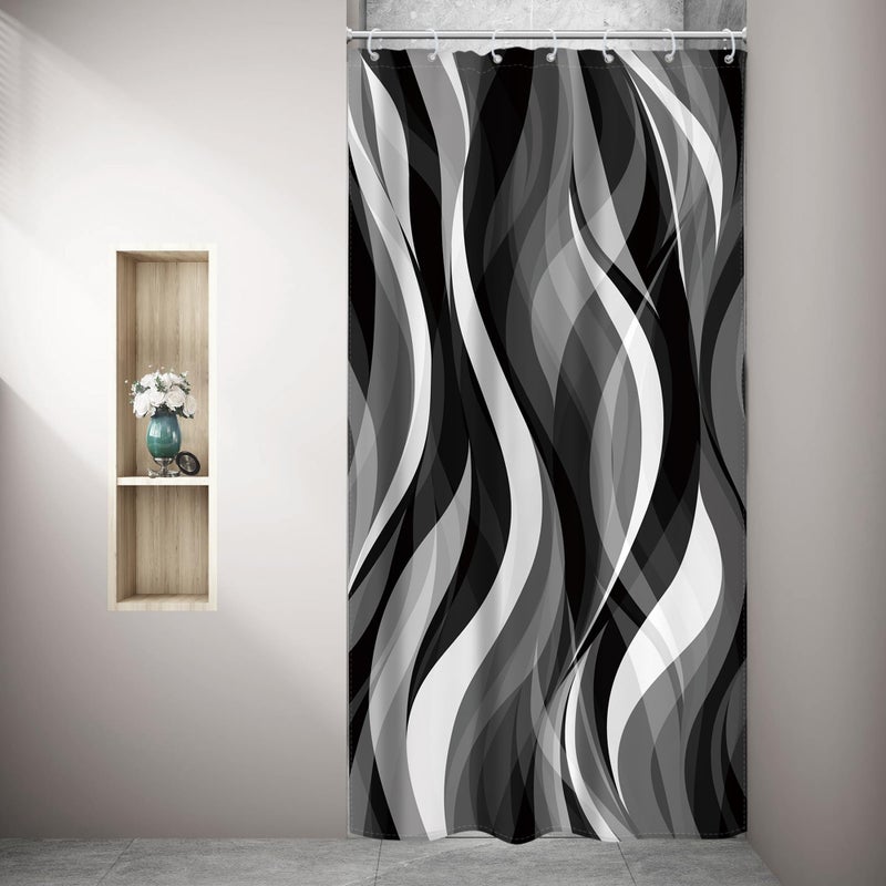 Riyidecor Stall Small RV Black White Grey Shower Curtain Half Size Narrow Abstract Striped Minimalist Geometric Modern 36Wx72H Inch Simple Waves Fabric Decor Bathroom Polyester Waterproof 7 Pack Hooks - Image 1