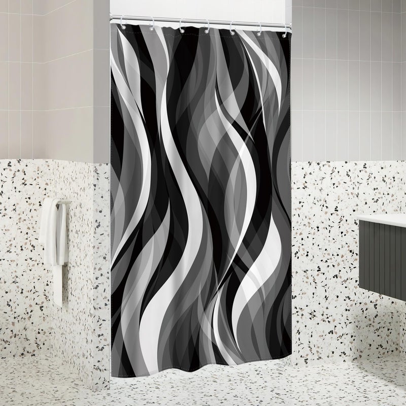 Riyidecor Stall Small RV Black White Grey Shower Curtain Half Size Narrow Abstract Striped Minimalist Geometric Modern 36Wx72H Inch Simple Waves Fabric Decor Bathroom Polyester Waterproof 7 Pack Hooks - Image 4