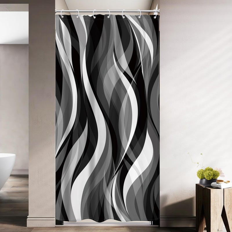Riyidecor Stall Small RV Black White Grey Shower Curtain Half Size Narrow Abstract Striped Minimalist Geometric Modern 36Wx72H Inch Simple Waves Fabric Decor Bathroom Polyester Waterproof 7 Pack Hooks - Image 2