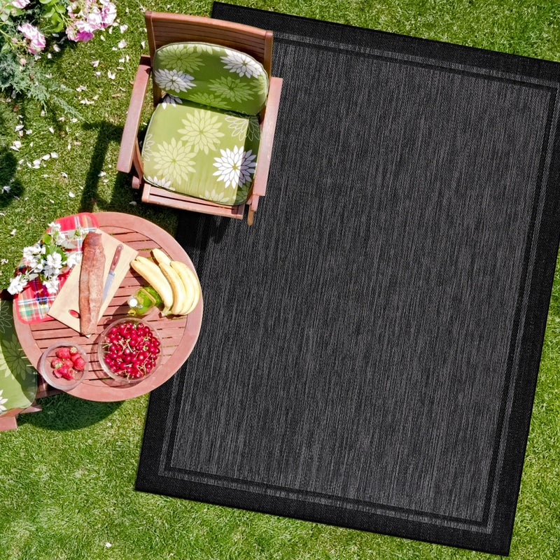 CAMILSON Indoor Outdoor Rug, 5x7 Bordered Dark Grey Black Modern Area Rugs for Indoor and Outdoor Patios, Kitchen and Hallway Mats, Washable Porch Deck Outside Carpet (Bordered Black, 5 x 7) - Image 1