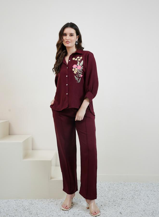 Athena Maroon Embroidered Shirt and Trousers Co-ords - Image 3