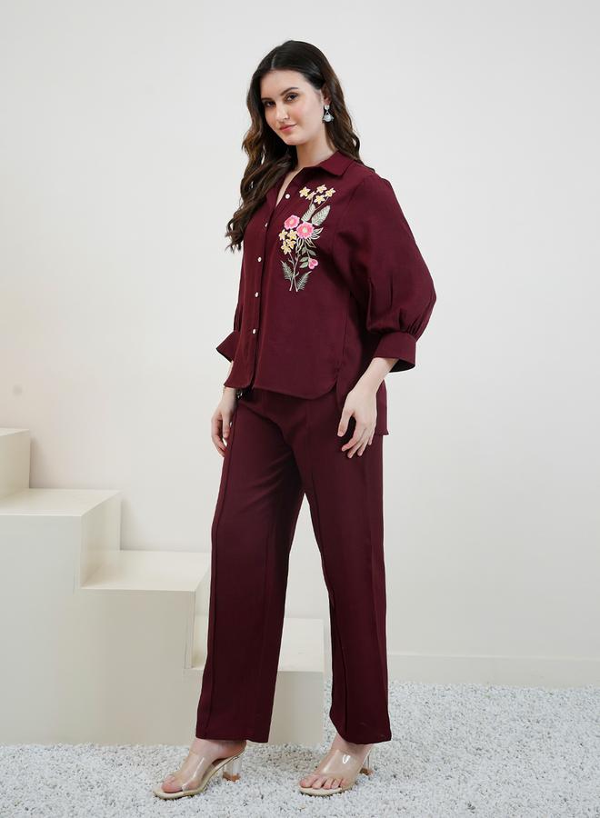 Athena Maroon Embroidered Shirt and Trousers Co-ords - Image 4