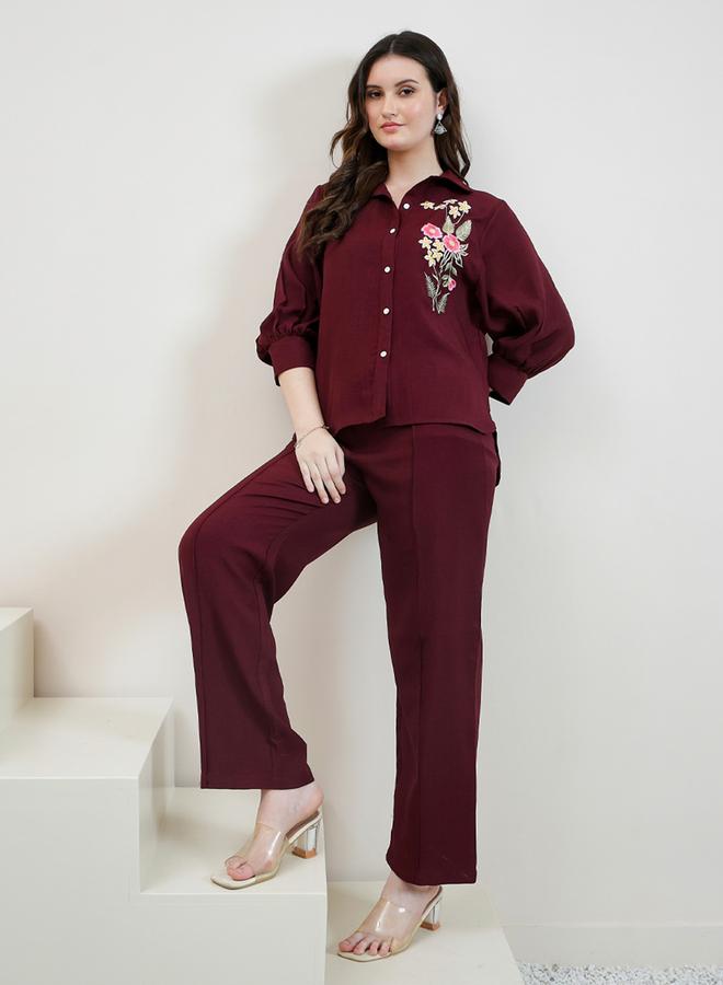 Athena Maroon Embroidered Shirt and Trousers Co-ords - Image 1