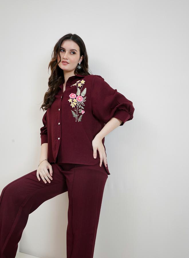Athena Maroon Embroidered Shirt and Trousers Co-ords - Image 5